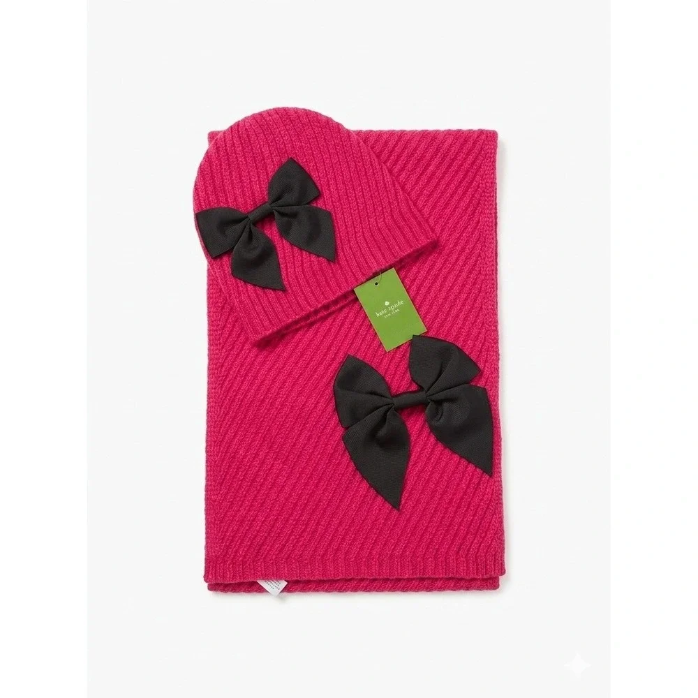 NWT KATE‎ SPADE New York Wool Blend Pink Ribbed Knit Beanie Hat & Scarf Set Bows